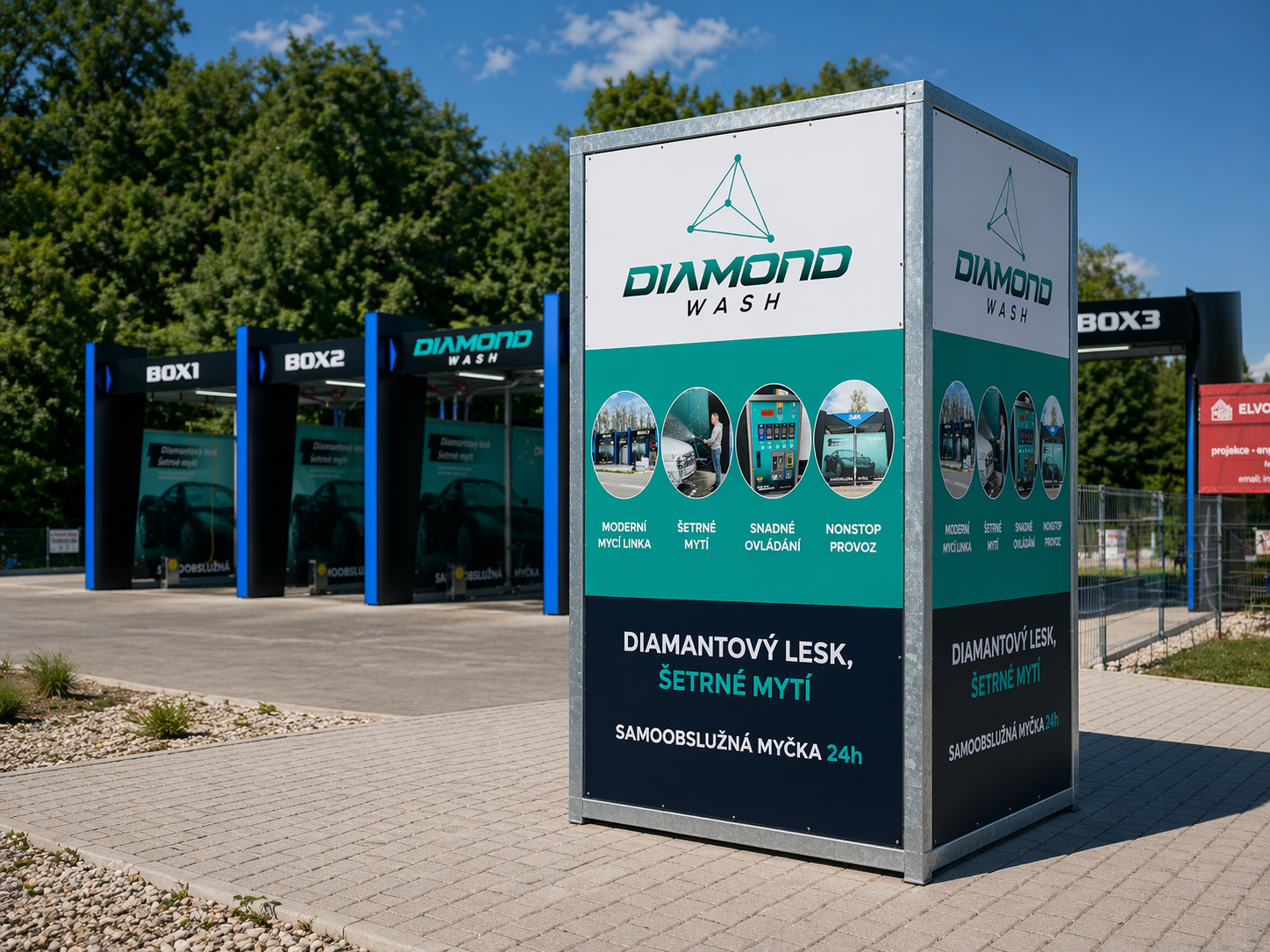 Reklamní kostka u myčky automobilů